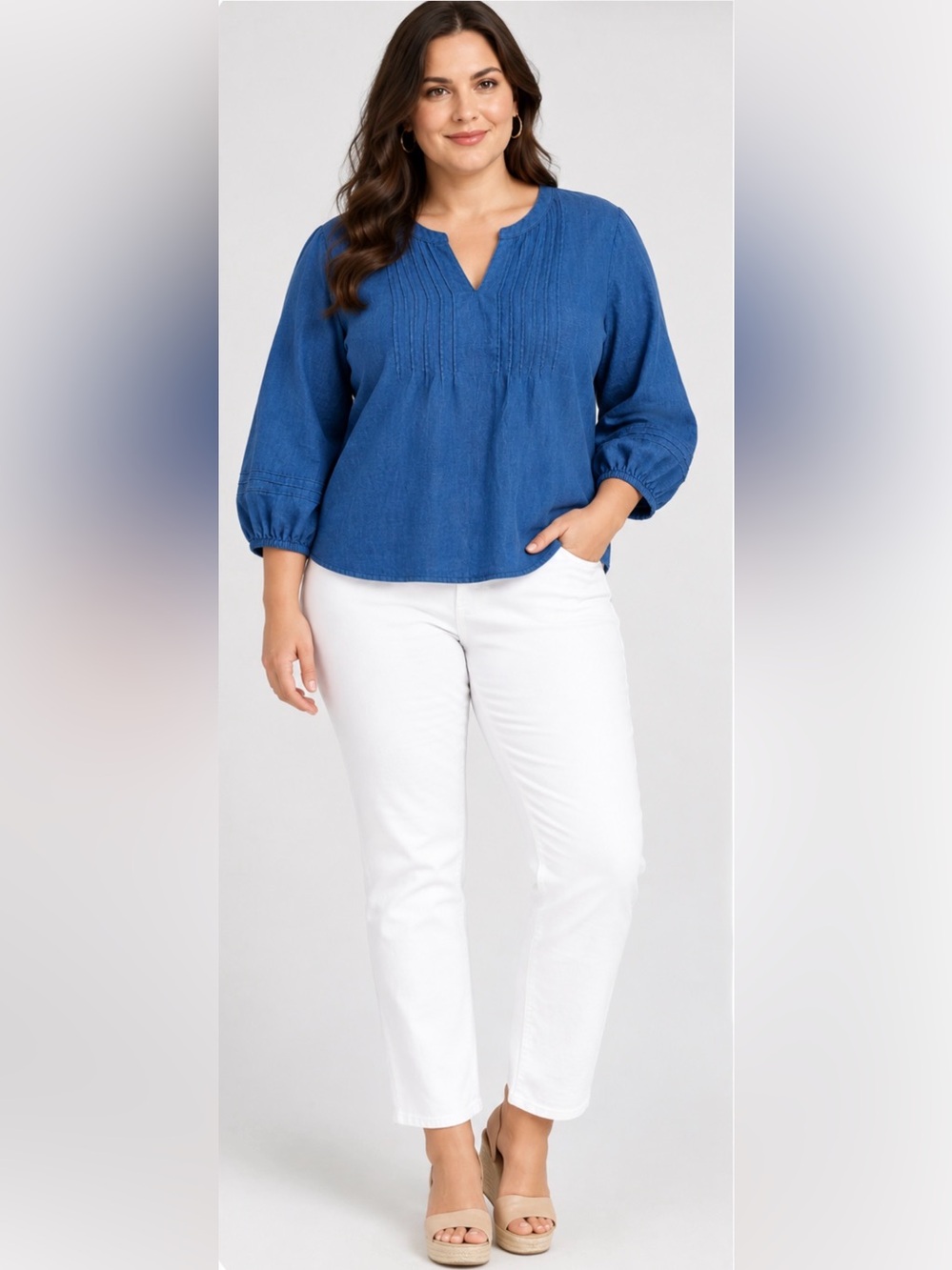 NWT Sigrid Olsen 100% Linen Pintuck Peasant Blouse Blue Large